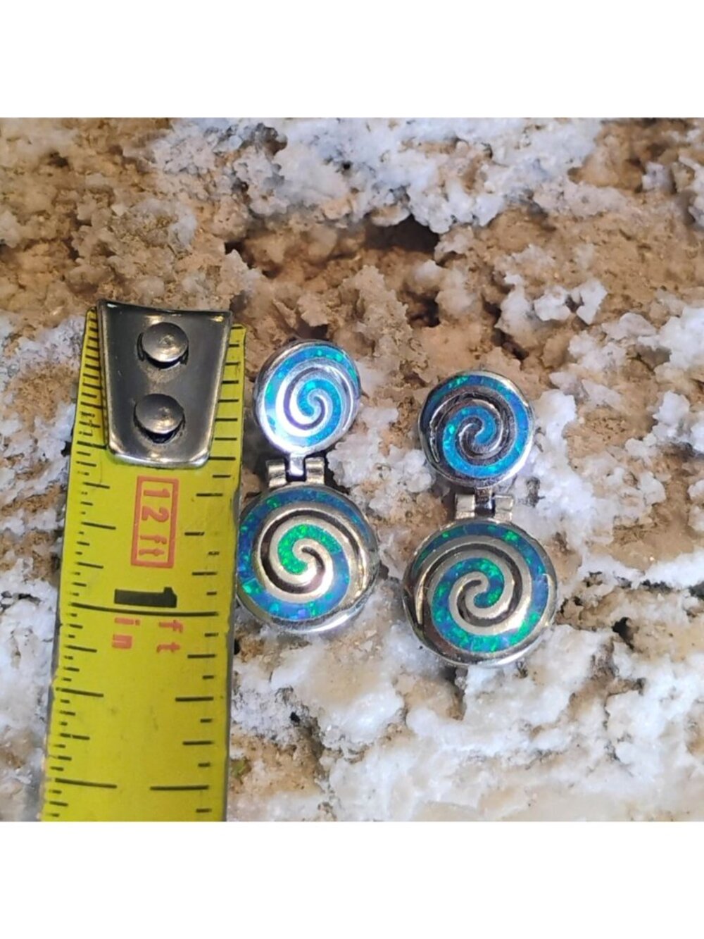Greek Sterling Silver Blue Opal Double Swirl Meandros Dangle Earrings - Picture 3 of 7